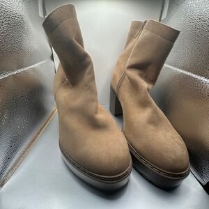 Tan Faux Suede Platform Ankle Boots Chunky Block Heel Lug Sole Size 8.5W
